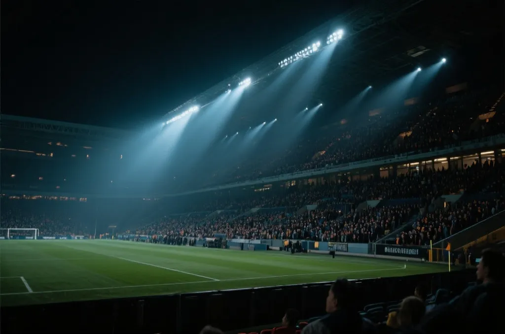 球场看台与灯光下的国家队赛前氛围,象征世界杯的不确定性与期待